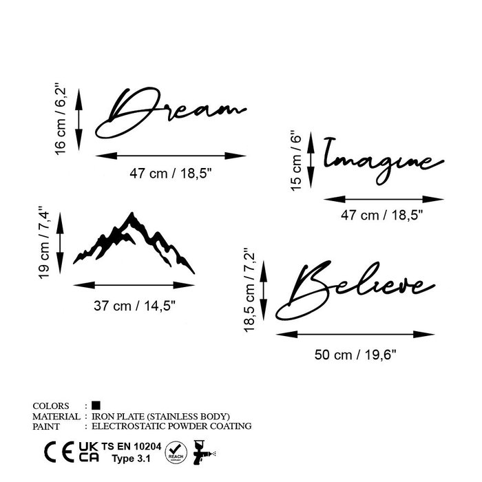 Wallity Dream Imagine Belive Escultura de Pared de Metal Negra